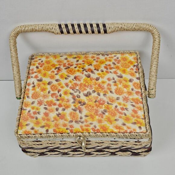 Sewing Notions Box Craft Basket Vintage Woven Wicker Floral Retro Mid Century - Picture 2 of 15